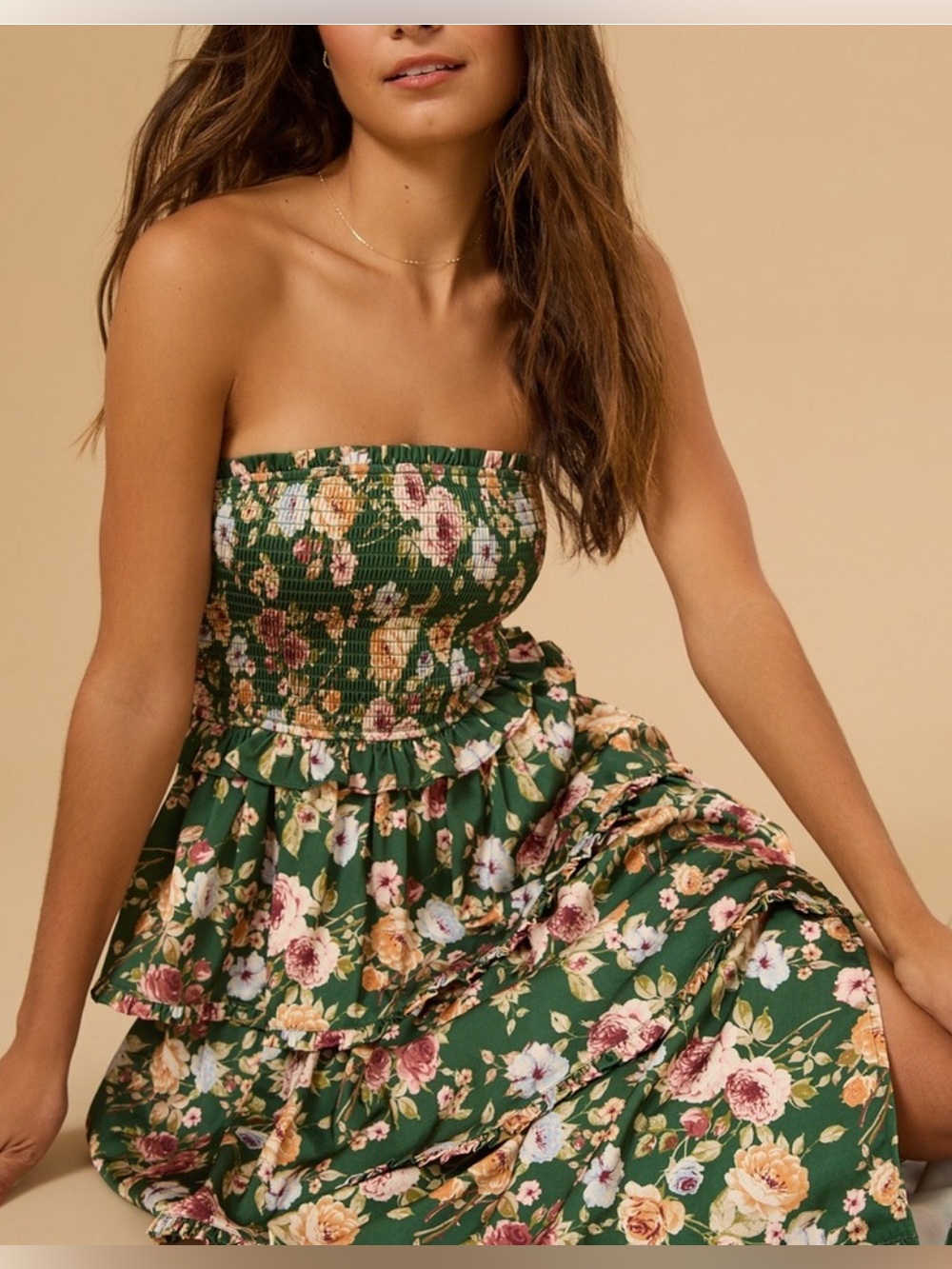 Altar’d State Green Floral Strapless Tiered Dress w/ slit (M)